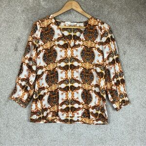 Sioni Blouse Womens Medium White Gold Pullover 3/4 Sleeve Polyester- 3437*